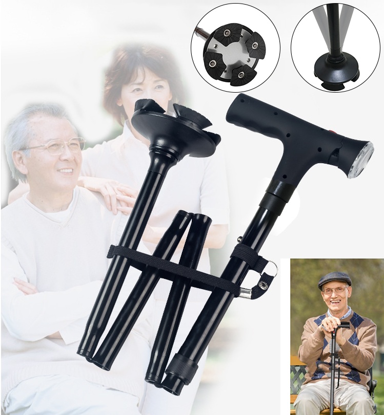 Adjustable Folding Walking Cane with LED Flashlight & SOS Alarm – Anti-Slip 4-Foot Support Trekking Stick for Seniors & Travel - Image 2