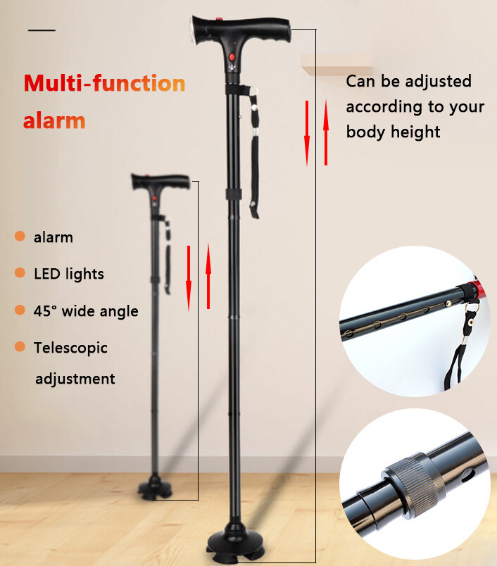 Adjustable Folding Walking Cane with LED Flashlight & SOS Alarm – Anti-Slip 4-Foot Support Trekking Stick for Seniors & Travel - Image 3