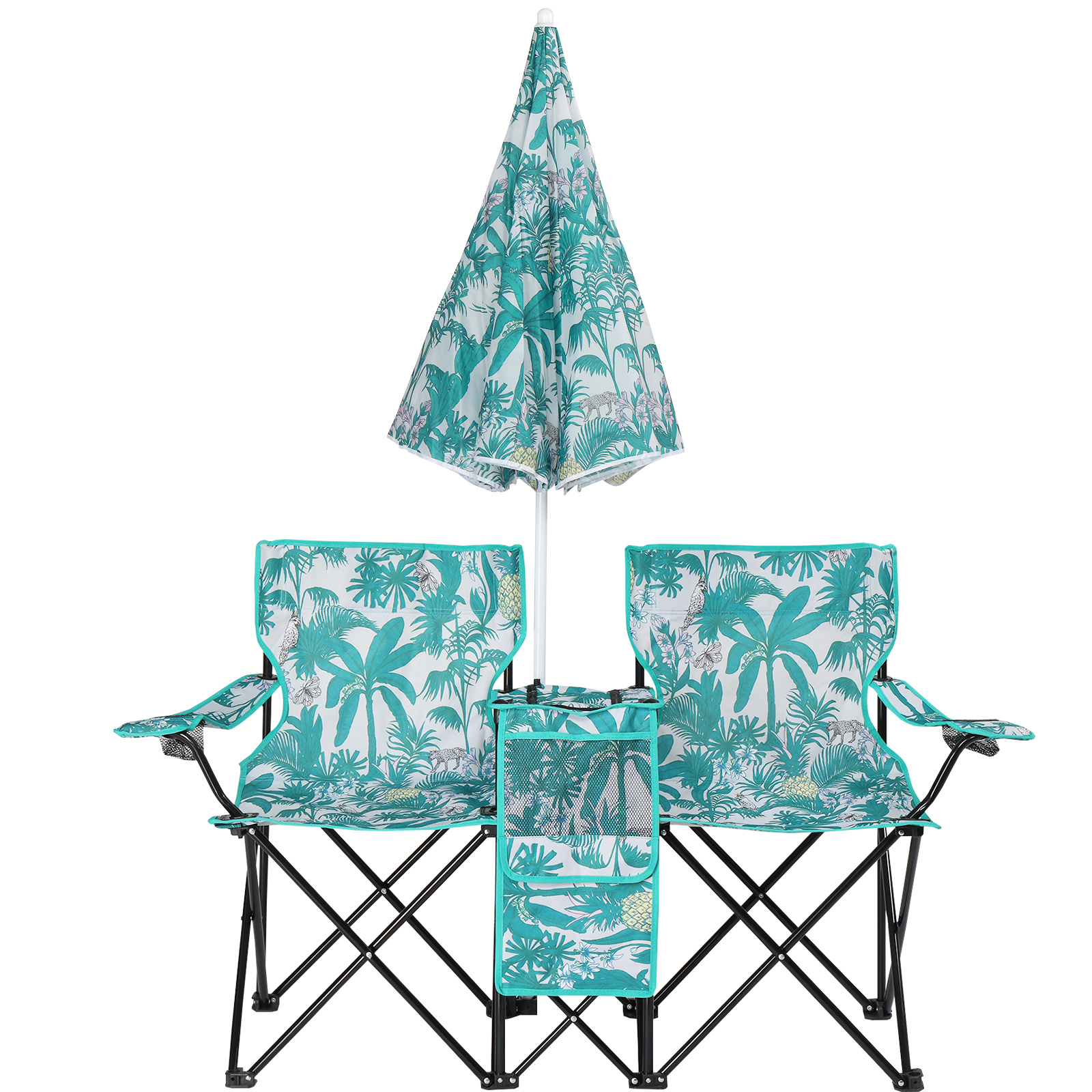 Folding Double Camping Chair with Umbrella – Portable Outdoor Loveseat with Cooler Bag & Cup Holders - Image 2