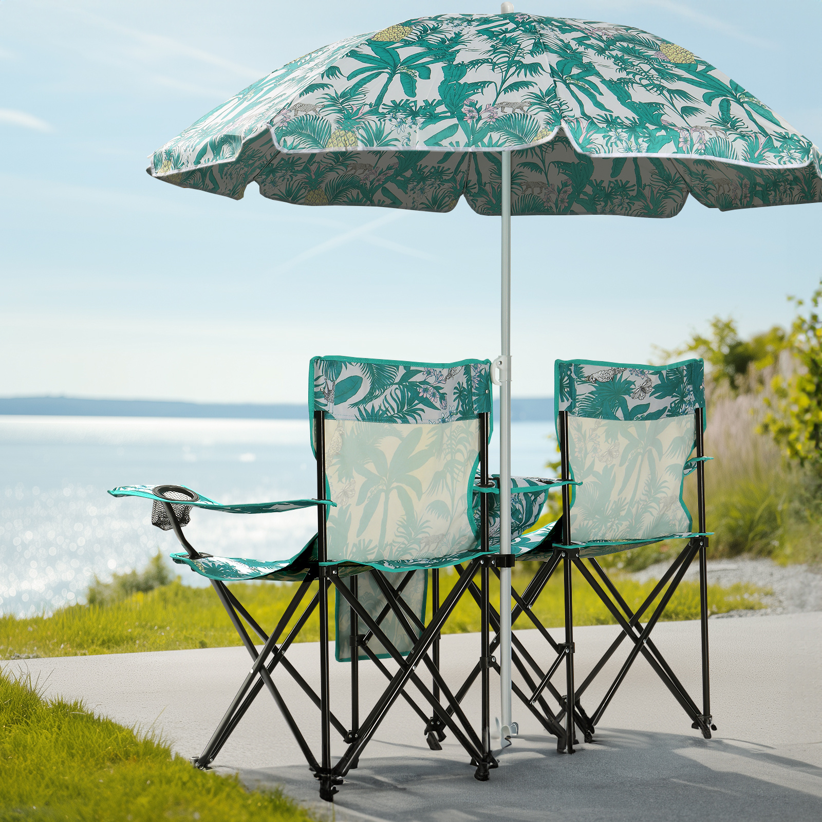 Folding Double Camping Chair with Umbrella – Portable Outdoor Loveseat with Cooler Bag & Cup Holders - Image 5