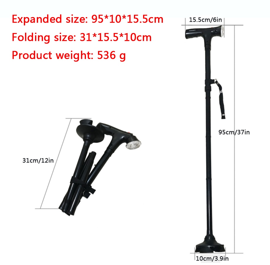 Adjustable Folding Walking Cane with LED Flashlight & SOS Alarm – Anti-Slip 4-Foot Support Trekking Stick for Seniors & Travel - Image 4