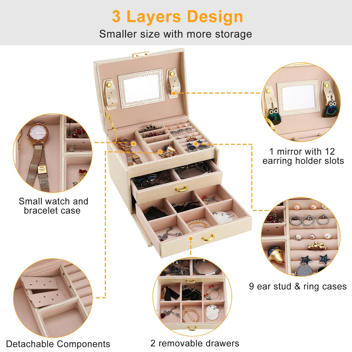 3-Layer Lockable Jewelry Organizer Box – Portable PU Leather Travel Jewelry Case with Mirror & Drawers - Image 6