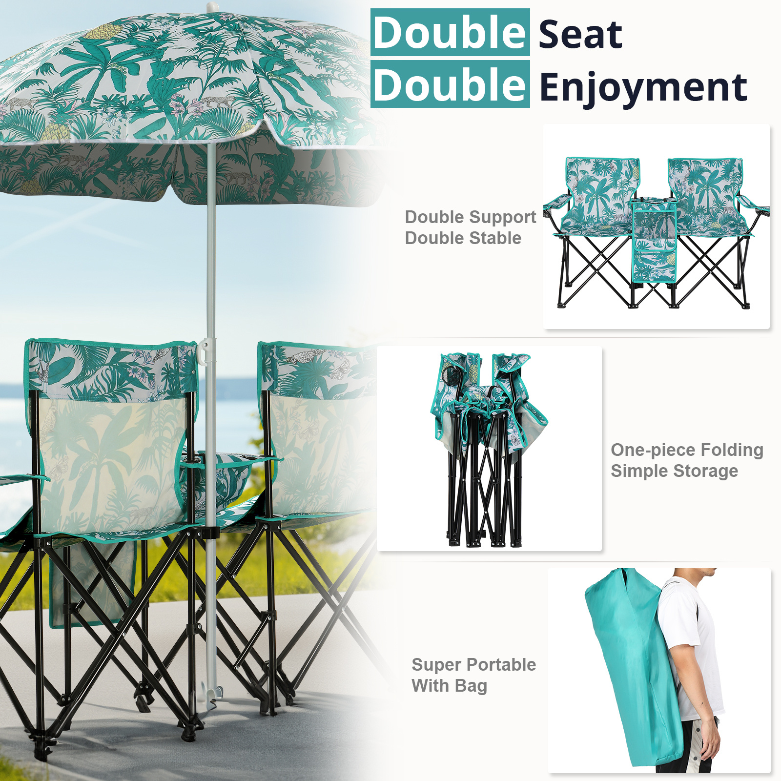 Folding Double Camping Chair with Umbrella – Portable Outdoor Loveseat with Cooler Bag & Cup Holders - Image 9