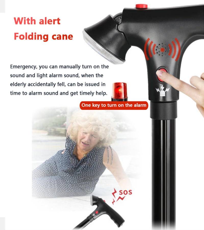 Adjustable Folding Walking Cane with LED Flashlight & SOS Alarm – Anti-Slip 4-Foot Support Trekking Stick for Seniors & Travel - Image 7