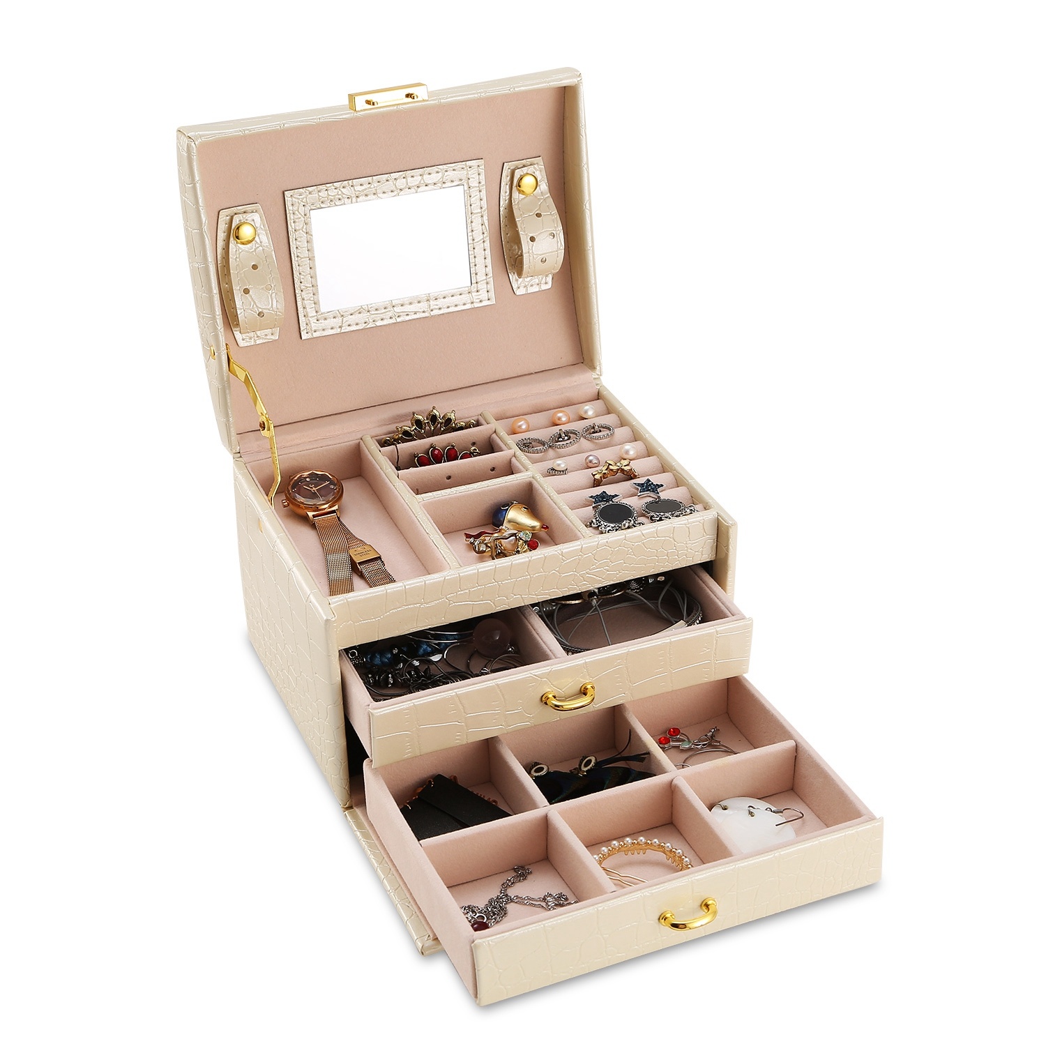 3-Layer Lockable Jewelry Organizer Box – Portable PU Leather Travel Jewelry Case with Mirror & Drawers - Image 9