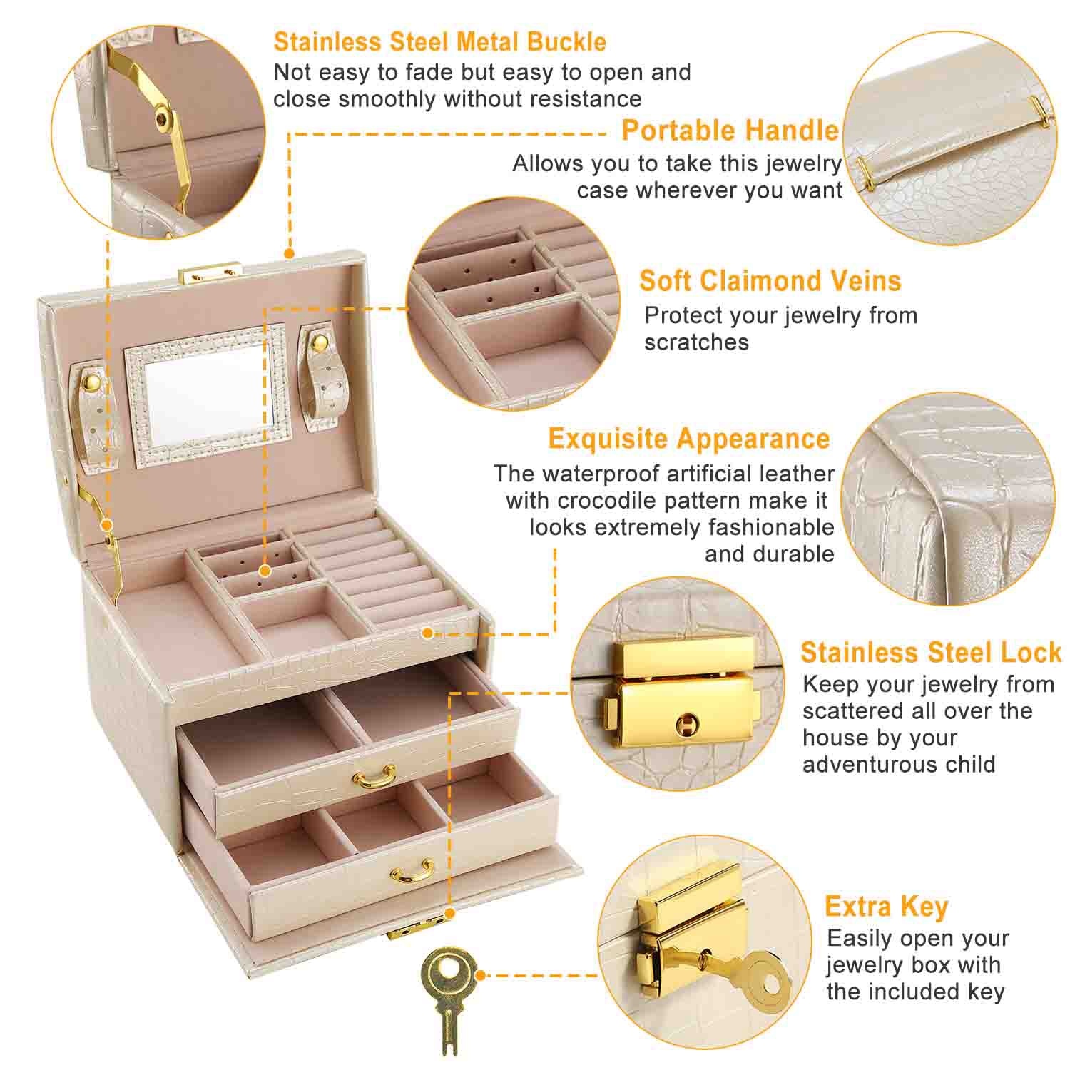 3-Layer Lockable Jewelry Organizer Box – Portable PU Leather Travel Jewelry Case with Mirror & Drawers - Image 7