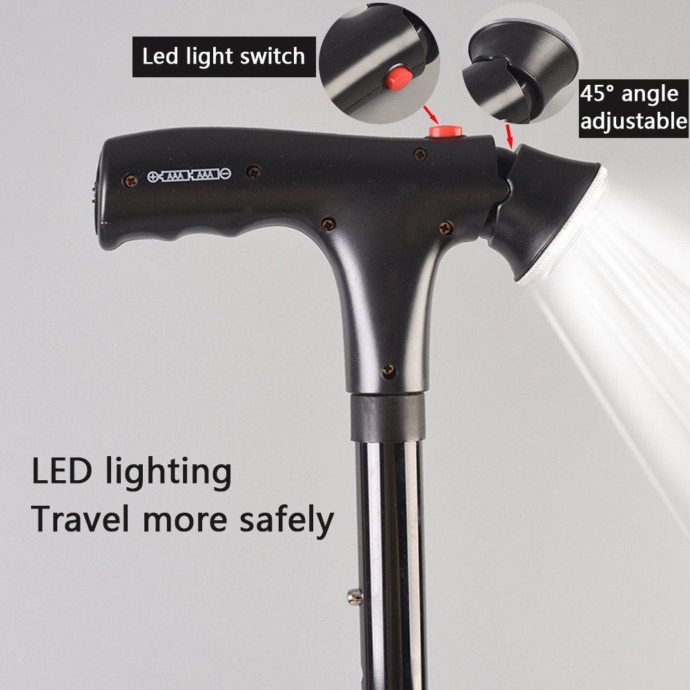 Adjustable Folding Walking Cane with LED Flashlight & SOS Alarm – Anti-Slip 4-Foot Support Trekking Stick for Seniors & Travel - Image 9