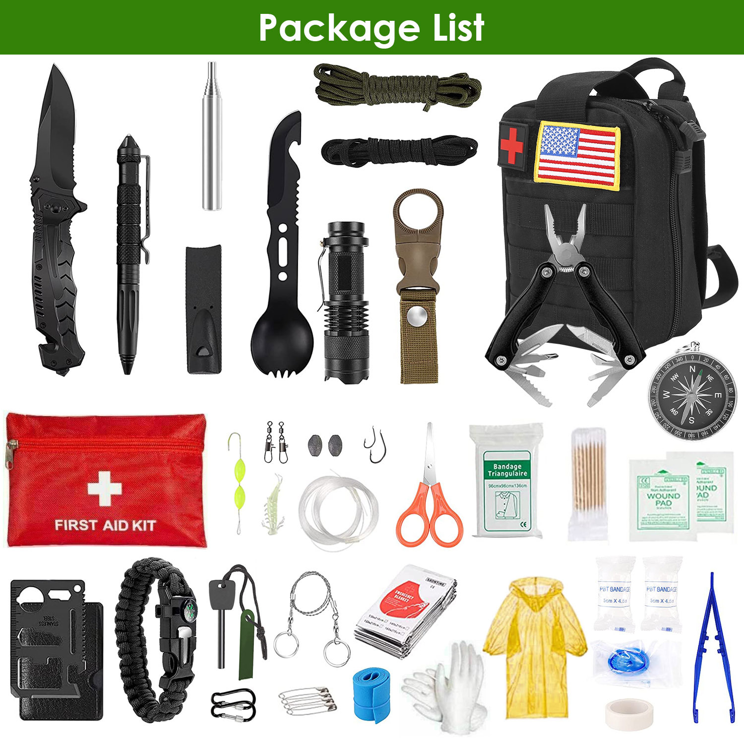 47-in-1 Emergency Survival Kit – Tactical EDC Gear Set with First Aid Supplies, Knife, Compass, Flashlight & Survival Pouch for Camping, Hiking & Disaster Prep - Image 4